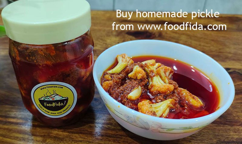 Spicy homemade cauliflower pickle recipe Indian gobi achar