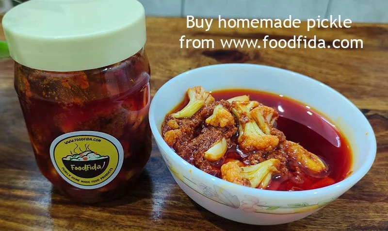 Spicy homemade cauliflower pickle recipe Indian gobi achar