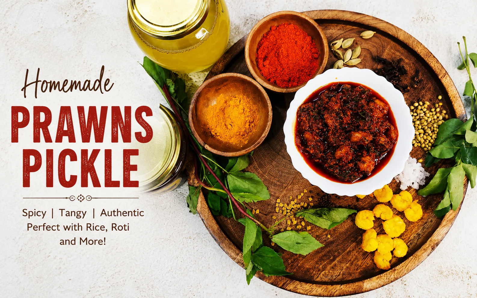 Homemade Prawns Pickle served in a traditional glass jar with Indian spices